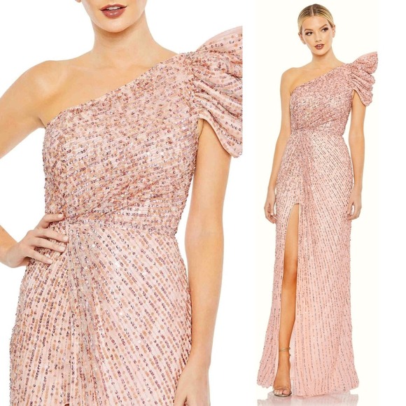 Mac Duggal NEW Pink Embellished Puff One Shoulder Column Gown‎ Women's Size 8